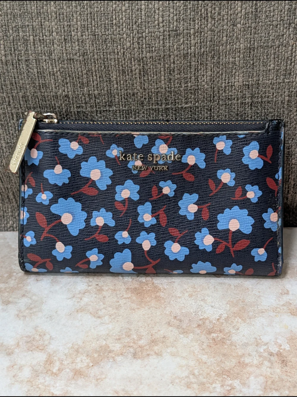 Kate Spade Spencer Navy Party Floral Bifold Wallet GUC